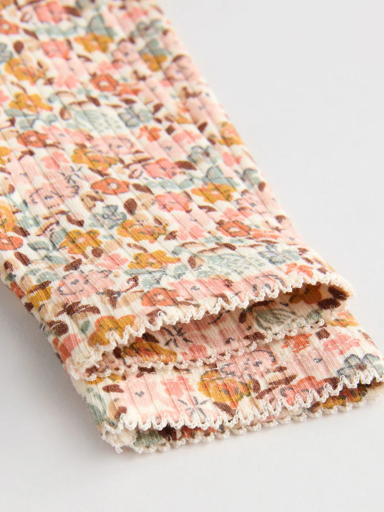 |BabyGirl| Pacote Com 4 Macacões De Manga Comprida Com Babados, Verde-Sálvia/Creme/Coral, Ditsy Baby (0 meses a 2 anos)