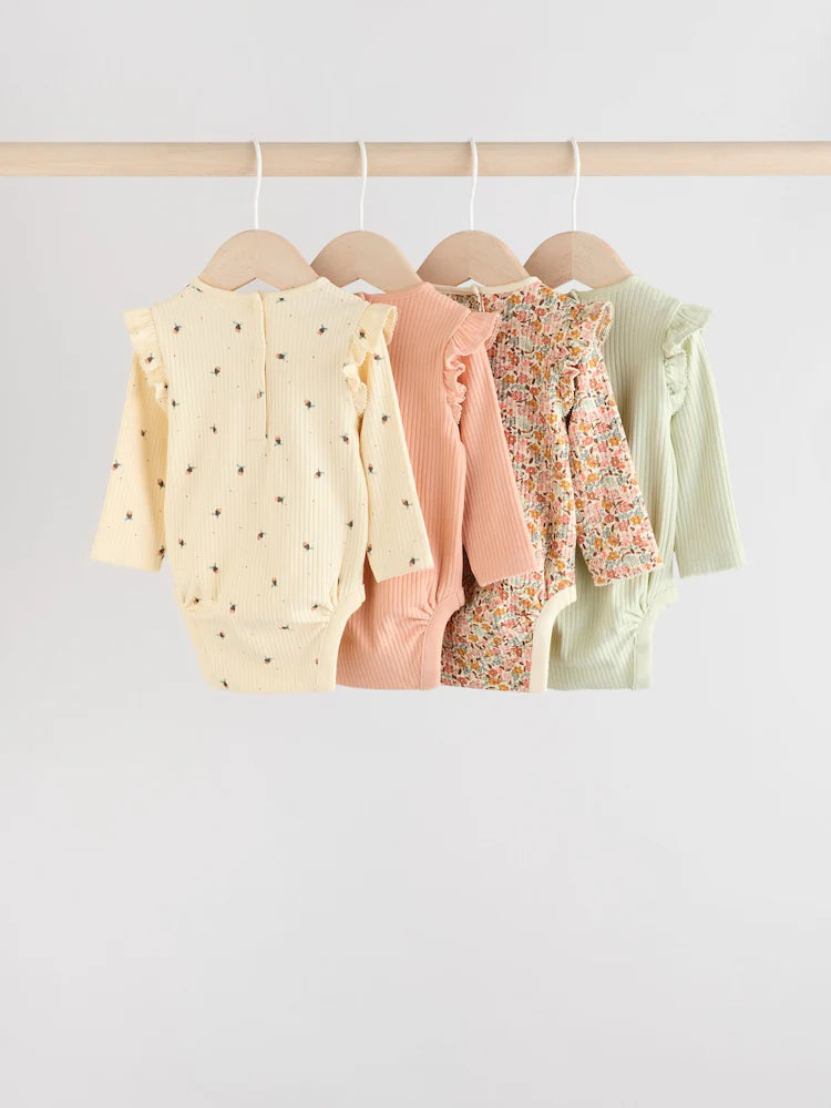 |BabyGirl| Pacote Com 4 Macacões De Manga Comprida Com Babados, Verde-Sálvia/Creme/Coral, Ditsy Baby (0 meses a 2 anos)