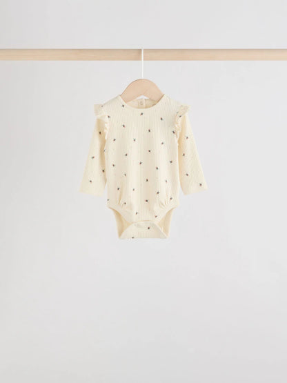 |BabyGirl| Pacote Com 4 Macacões De Manga Comprida Com Babados, Verde-Sálvia/Creme/Coral, Ditsy Baby (0 meses a 2 anos)