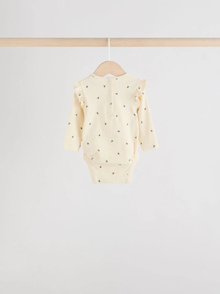 |BabyGirl| Pacote Com 4 Macacões De Manga Comprida Com Babados, Verde-Sálvia/Creme/Coral, Ditsy Baby (0 meses a 2 anos)