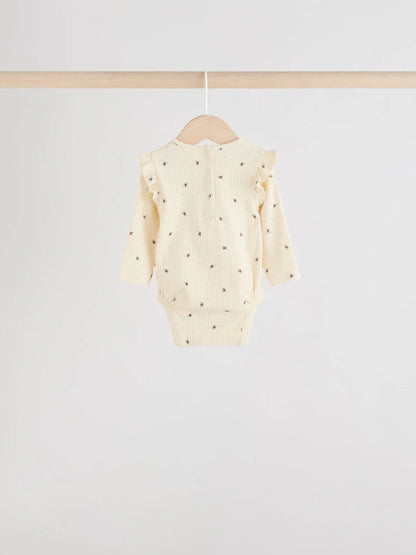 |BabyGirl| Pacote Com 4 Macacões De Manga Comprida Com Babados, Verde-Sálvia/Creme/Coral, Ditsy Baby (0 meses a 2 anos)