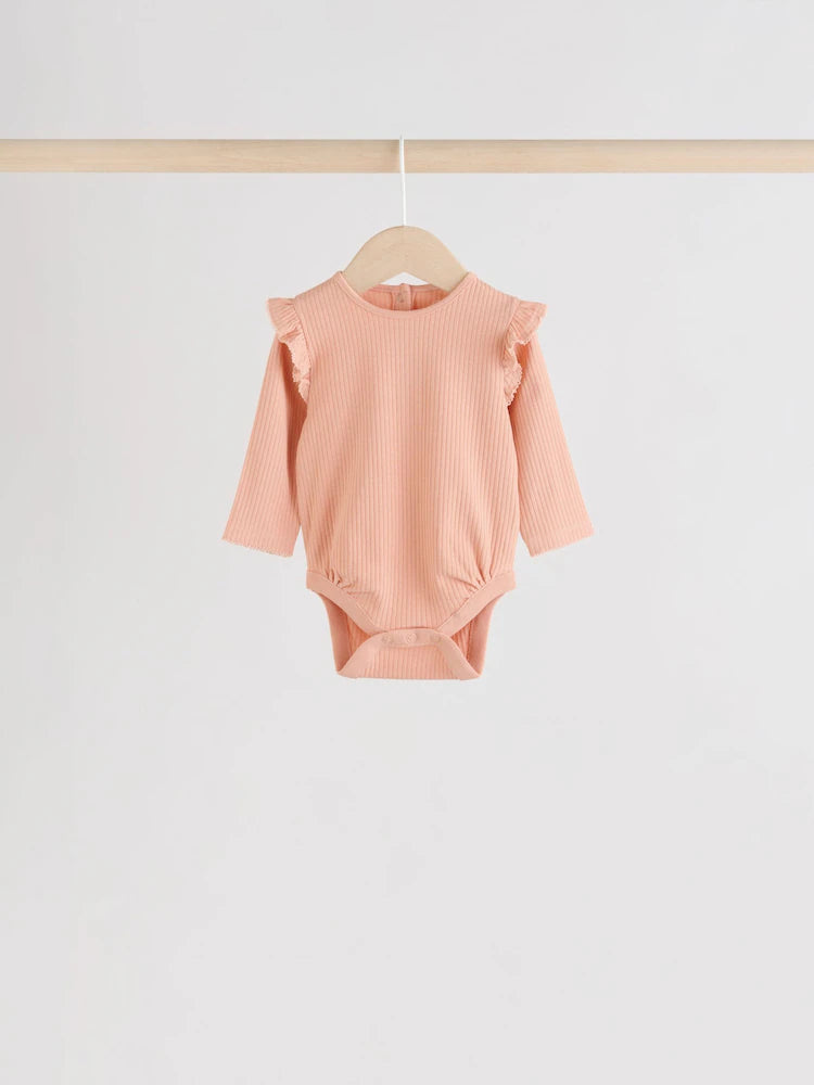 |BabyGirl| Pacote Com 4 Macacões De Manga Comprida Com Babados, Verde-Sálvia/Creme/Coral, Ditsy Baby (0 meses a 2 anos)