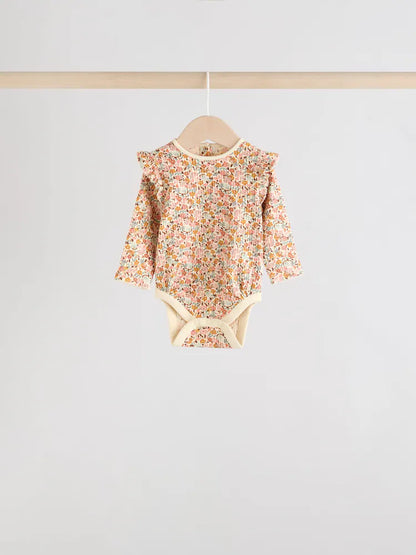 |BabyGirl| Pacote Com 4 Macacões De Manga Comprida Com Babados, Verde-Sálvia/Creme/Coral, Ditsy Baby (0 meses a 2 anos)