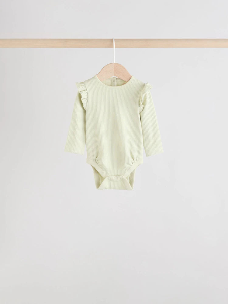 |BabyGirl| Pacote Com 4 Macacões De Manga Comprida Com Babados, Verde-Sálvia/Creme/Coral, Ditsy Baby (0 meses a 2 anos)