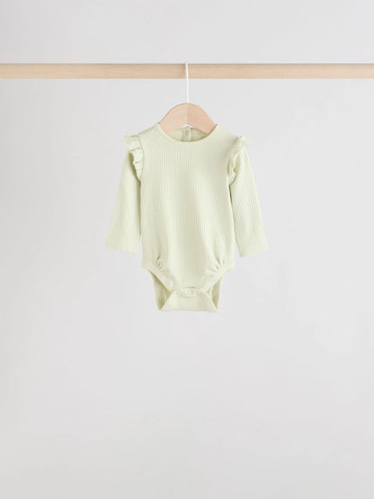 |BabyGirl| Pacote Com 4 Macacões De Manga Comprida Com Babados, Verde-Sálvia/Creme/Coral, Ditsy Baby (0 meses a 2 anos)