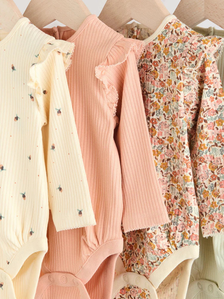 |BabyGirl| Pacote Com 4 Macacões De Manga Comprida Com Babados, Verde-Sálvia/Creme/Coral, Ditsy Baby (0 meses a 2 anos)