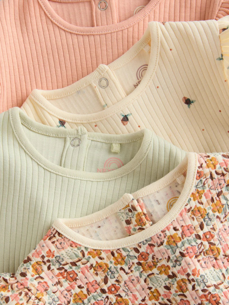 |BabyGirl| Pacote Com 4 Macacões De Manga Comprida Com Babados, Verde-Sálvia/Creme/Coral, Ditsy Baby (0 meses a 2 anos)