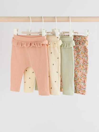 |BabyGirl| Pacote Com 4 Leggings Para Bebês Verde-Sálvia/Coral/Ditsy (0 meses a 2 anos)