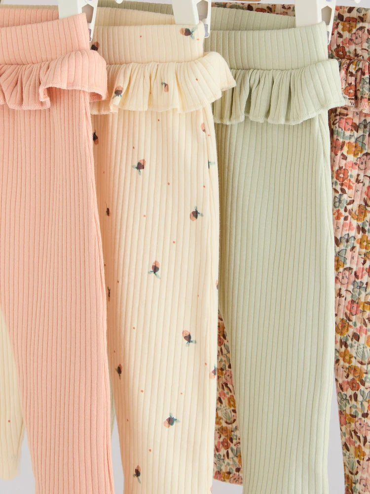 |BabyGirl| Pacote Com 4 Leggings Para Bebês Verde-Sálvia/Coral/Ditsy (0 meses a 2 anos)