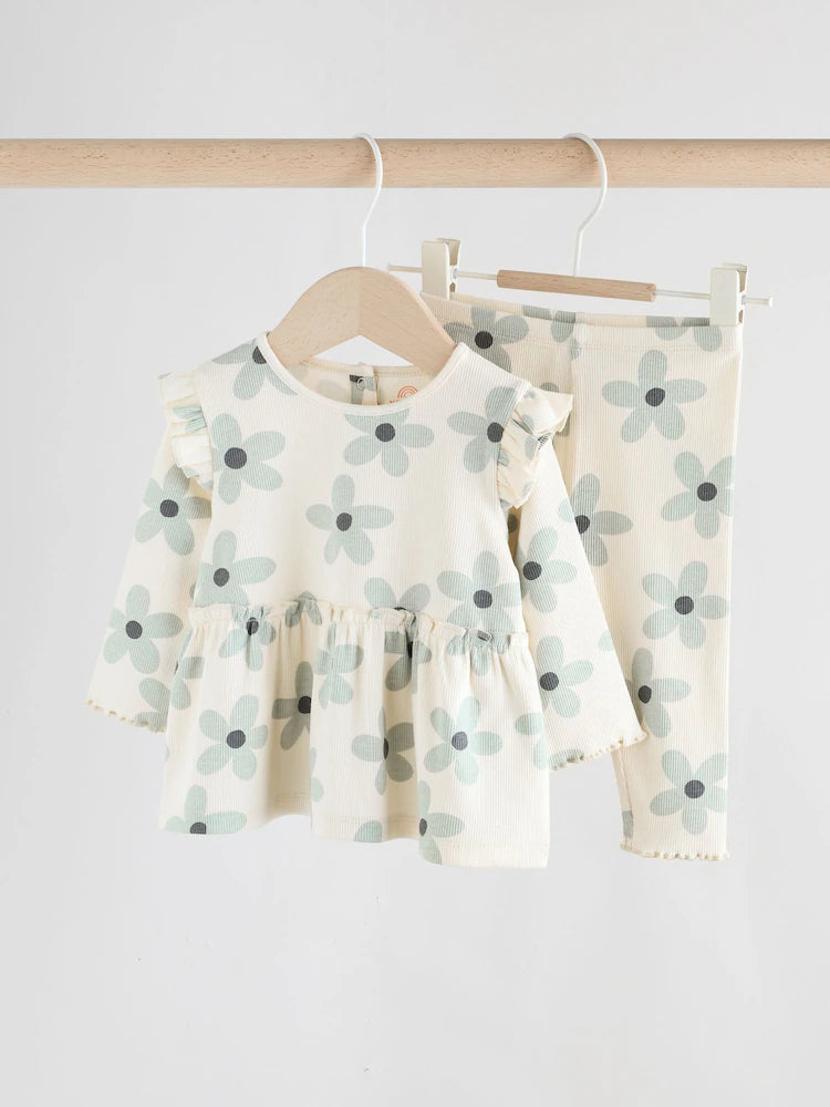 |BabyGirl| Conjunto De Blusa e Leggings De Manga Comprida Com Babados e Flores Brancas/azuis para bebê (0 meses a 2 anos)