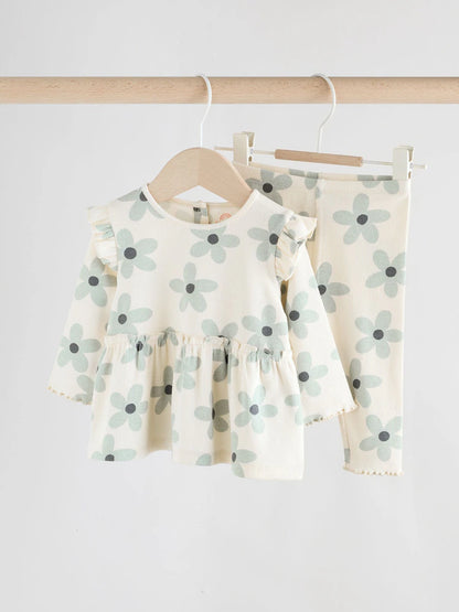 |BabyGirl| Conjunto De Blusa e Leggings De Manga Comprida Com Babados e Flores Brancas/azuis para bebê (0 meses a 2 anos)