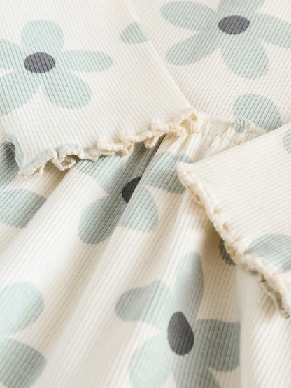 |BabyGirl| Conjunto De Blusa e Leggings De Manga Comprida Com Babados e Flores Brancas/azuis para bebê (0 meses a 2 anos)