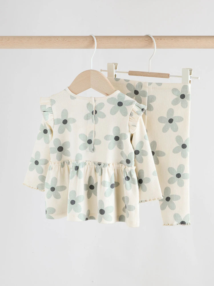 |BabyGirl| Conjunto De Blusa e Leggings De Manga Comprida Com Babados e Flores Brancas/azuis para bebê (0 meses a 2 anos)