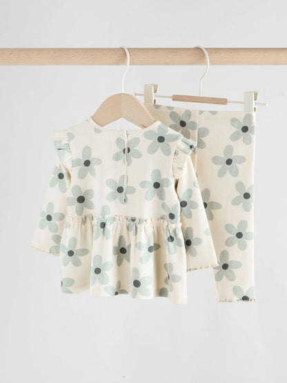 |BabyGirl| Conjunto De Blusa e Leggings De Manga Comprida Com Babados e Flores Brancas/azuis para bebê (0 meses a 2 anos)