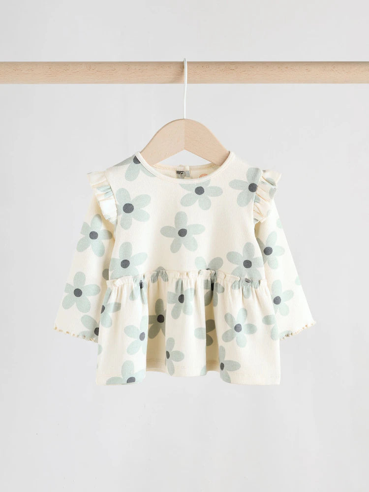 |BabyGirl| Conjunto De Blusa e Leggings De Manga Comprida Com Babados e Flores Brancas/azuis para bebê (0 meses a 2 anos)