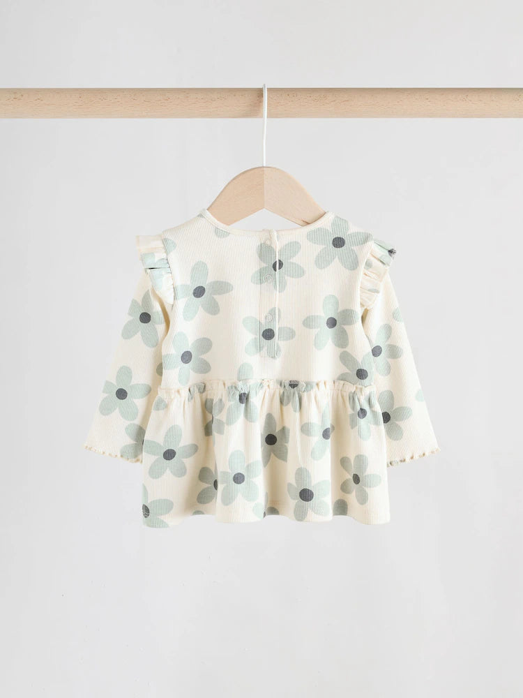 |BabyGirl| Conjunto De Blusa e Leggings De Manga Comprida Com Babados e Flores Brancas/azuis para bebê (0 meses a 2 anos)