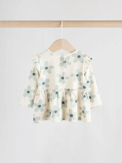 |BabyGirl| Conjunto De Blusa e Leggings De Manga Comprida Com Babados e Flores Brancas/azuis para bebê (0 meses a 2 anos)