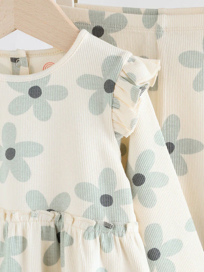 |BabyGirl| Conjunto De Blusa e Leggings De Manga Comprida Com Babados e Flores Brancas/azuis para bebê (0 meses a 2 anos)