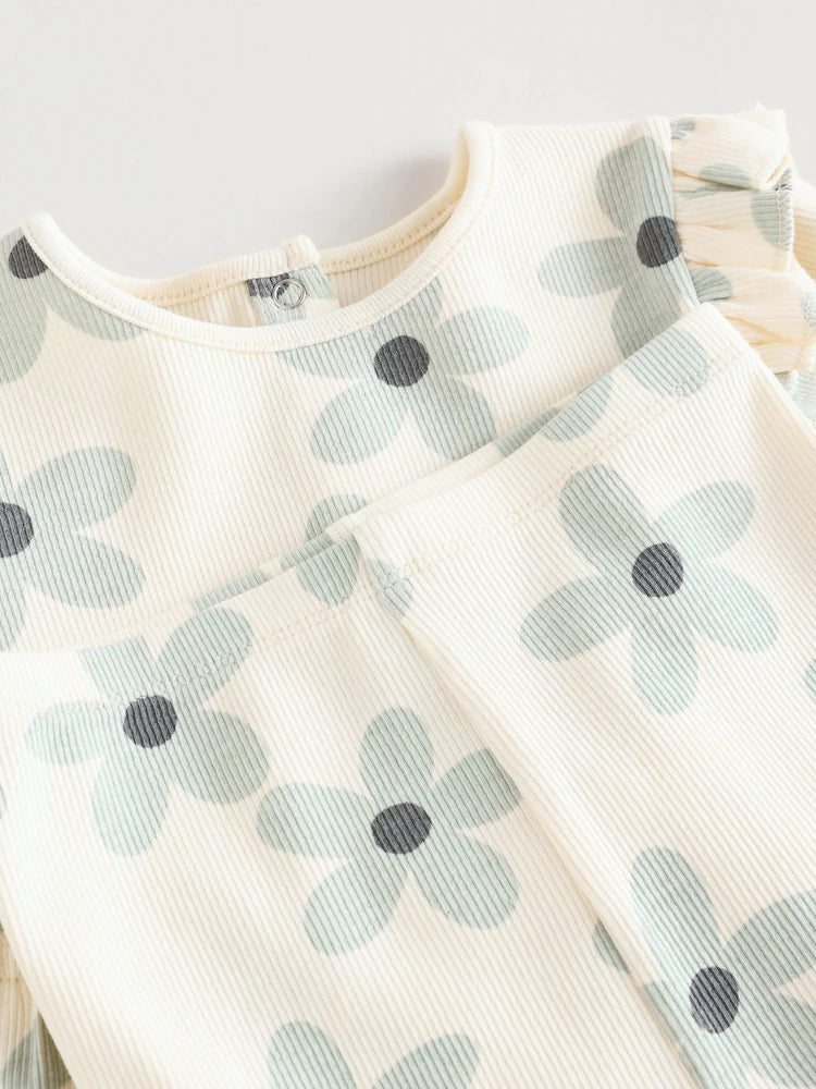 |BabyGirl| Conjunto De Blusa e Leggings De Manga Comprida Com Babados e Flores Brancas/azuis para bebê (0 meses a 2 anos)