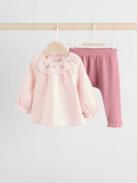 |BabyGirl| Conjunto De 2 Peças De Blusa e Leggings De Manga Comprida Rosa Para Bebê (0 meses a 2 anos)