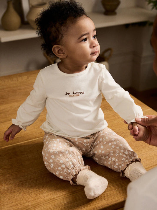 |BabyGirl| Conjunto De Blusa e Calça De Manga Comprida Branca/Marrom Para Bebê, 2 Peças (0 meses a 2 anos)