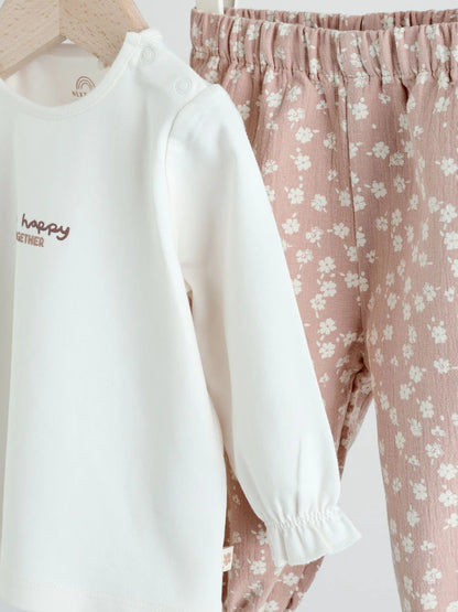 |BabyGirl| Conjunto De Blusa e Calça De Manga Comprida Branca/Marrom Para Bebê, 2 Peças (0 meses a 2 anos)