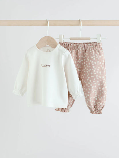 |BabyGirl| Conjunto De Blusa e Calça De Manga Comprida Branca/Marrom Para Bebê, 2 Peças (0 meses a 2 anos)