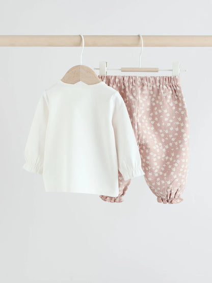 |BabyGirl| Conjunto De Blusa e Calça De Manga Comprida Branca/Marrom Para Bebê, 2 Peças (0 meses a 2 anos)