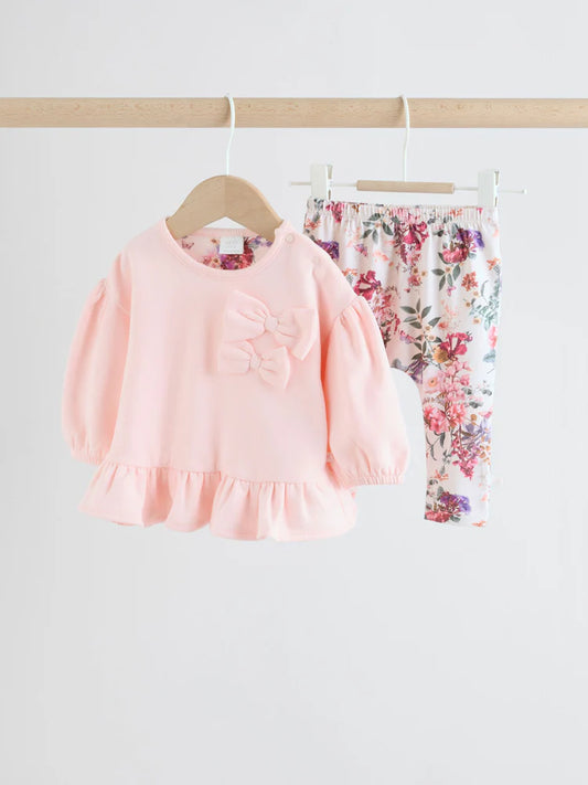 |BabyGirl| Conjunto De Suéter e Leggings Com Laço Floral Rosa/Creme Para Bebê, 2 Peças (0 meses a 2 anos)
