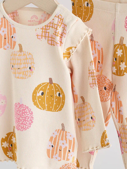 |BabyGirl| Conjunto De 2 Peças De Blusa e Leggings De Abóbora De Halloween Creme/Rosa Para bebê (0 meses a 2 anos)