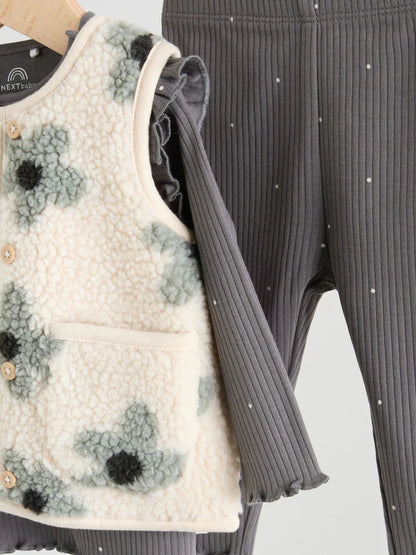 |BabyGirl| Conjunto De 3 Peças De Blusa e Leggings De Manga Comprida Com Colete Floral Cinza para bebê (0 meses a 2 anos)