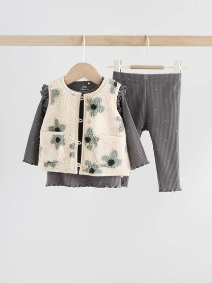 |BabyGirl| Conjunto De 3 Peças De Blusa e Leggings De Manga Comprida Com Colete Floral Cinza para bebê (0 meses a 2 anos)
