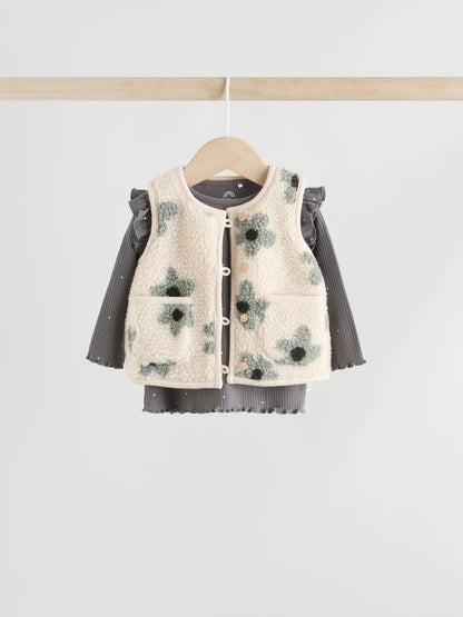 |BabyGirl| Conjunto De 3 Peças De Blusa e Leggings De Manga Comprida Com Colete Floral Cinza para bebê (0 meses a 2 anos)