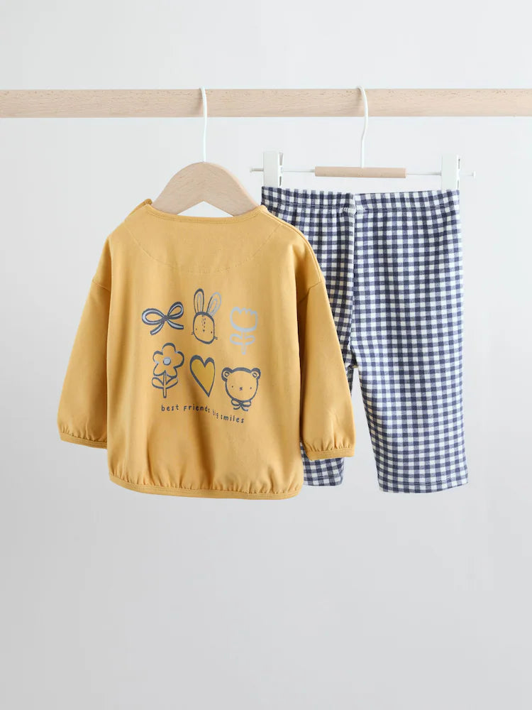|BabyGirl| Conjunto De Blusa e Leggings De Manga Comprida Xadrez Amarelo/Azul Para Bebê, 2 peças (0 meses a 2 anos)