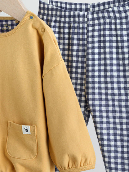 |BabyGirl| Conjunto De Blusa e Leggings De Manga Comprida Xadrez Amarelo/Azul Para Bebê, 2 peças (0 meses a 2 anos)