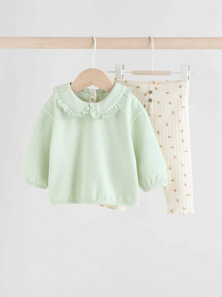 |BabyGirl| Conjunto De 2 Peças De Suéter e Leggings Com Babados e Gola Alta Verde Sálvia/Creme (0 meses a 2 anos)
