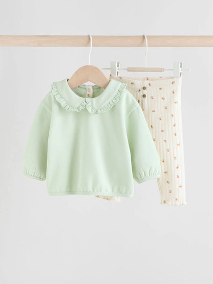 |BabyGirl| Conjunto De 2 Peças De Suéter e Leggings Com Babados e Gola Alta Verde Sálvia/Creme (0 meses a 2 anos)