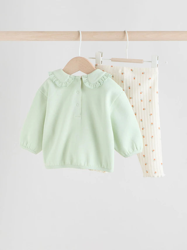 |BabyGirl| Conjunto De 2 Peças De Suéter e Leggings Com Babados e Gola Alta Verde Sálvia/Creme (0 meses a 2 anos)