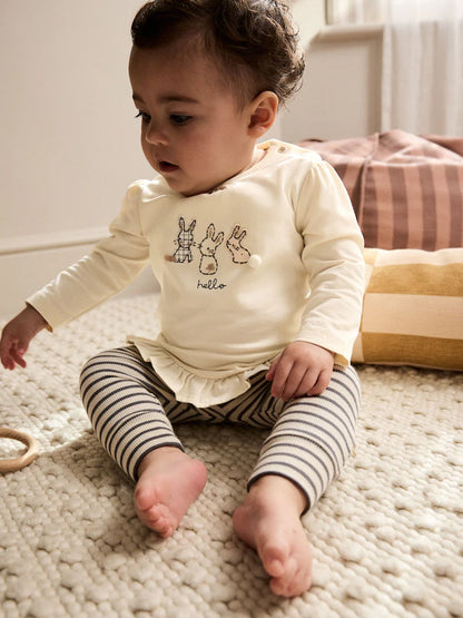 |BabyGirl| Conjunto De Blusa e Leggings De Manga Comprida Com Listras Creme Bunny Baby