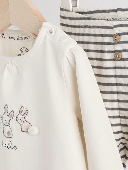 |BabyGirl| Conjunto De Blusa e Leggings De Manga Comprida Com Listras Creme Bunny Baby