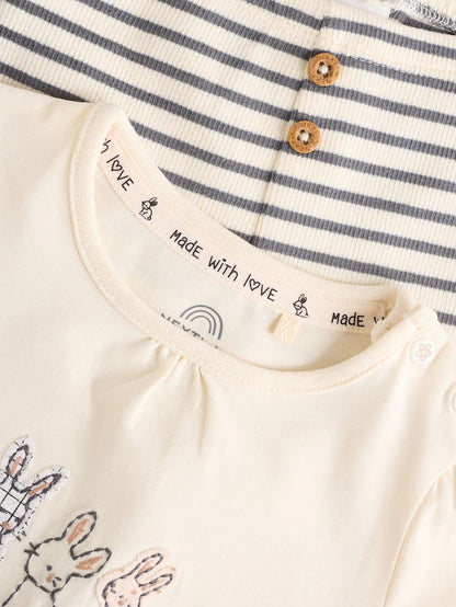 |BabyGirl| Conjunto De Blusa e Leggings De Manga Comprida Com Listras Creme Bunny Baby