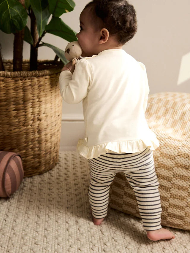 |BabyGirl| Conjunto De Blusa e Leggings De Manga Comprida Com Listras Creme Bunny Baby