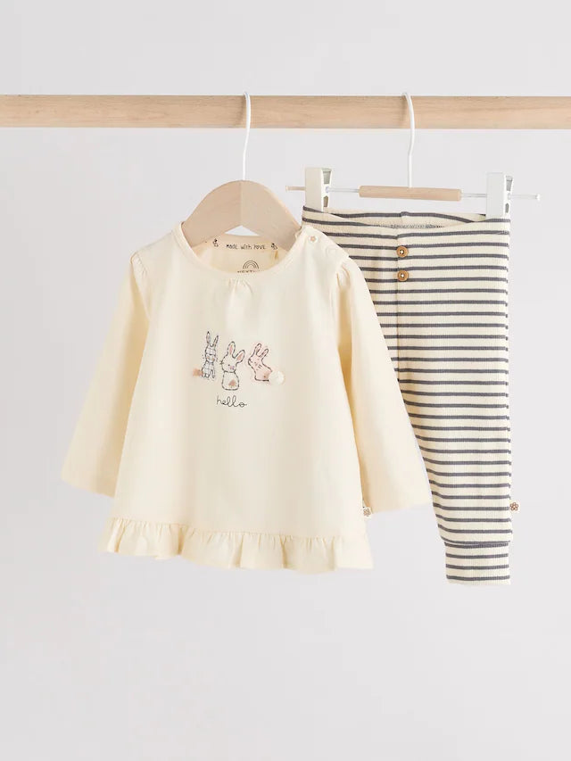 |BabyGirl| Conjunto De Blusa e Leggings De Manga Comprida Com Listras Creme Bunny Baby