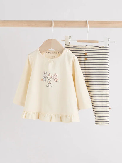 |BabyGirl| Conjunto De Blusa e Leggings De Manga Comprida Com Listras Creme Bunny Baby