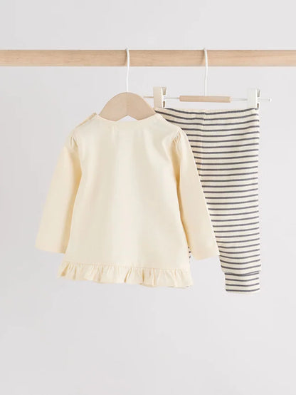 |BabyGirl| Conjunto De Blusa e Leggings De Manga Comprida Com Listras Creme Bunny Baby