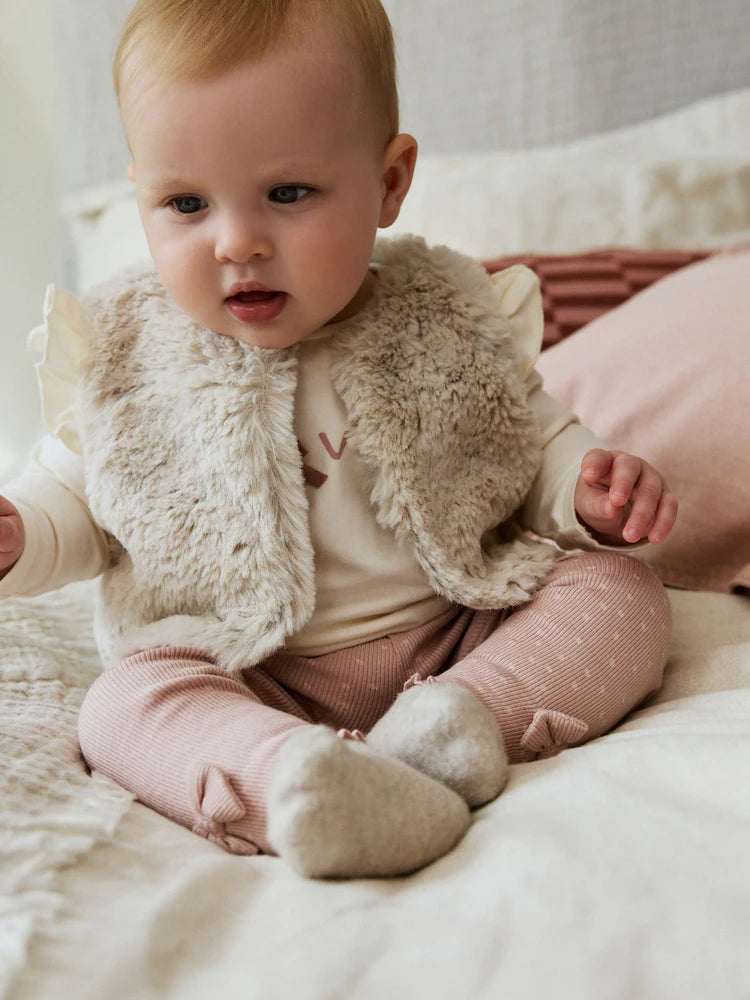 |BabyGirl| Conjunto De 3 Peças De Colete, Blusa e Leggings De Pele Rosa/Creme Para Bebê (0 meses a 2 anos)