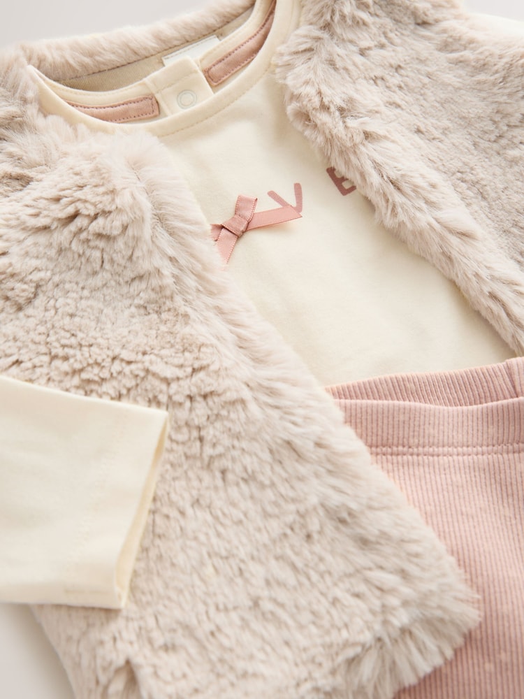 |BabyGirl| Conjunto De 3 Peças De Colete, Blusa e Leggings De Pele Rosa/Creme Para Bebê (0 meses a 2 anos)