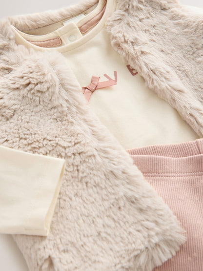 |BabyGirl| Conjunto De 3 Peças De Colete, Blusa e Leggings De Pele Rosa/Creme Para Bebê (0 meses a 2 anos)