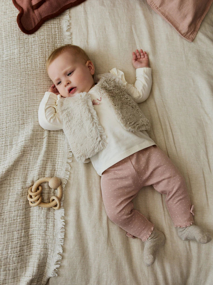 |BabyGirl| Conjunto De 3 Peças De Colete, Blusa e Leggings De Pele Rosa/Creme Para Bebê (0 meses a 2 anos)