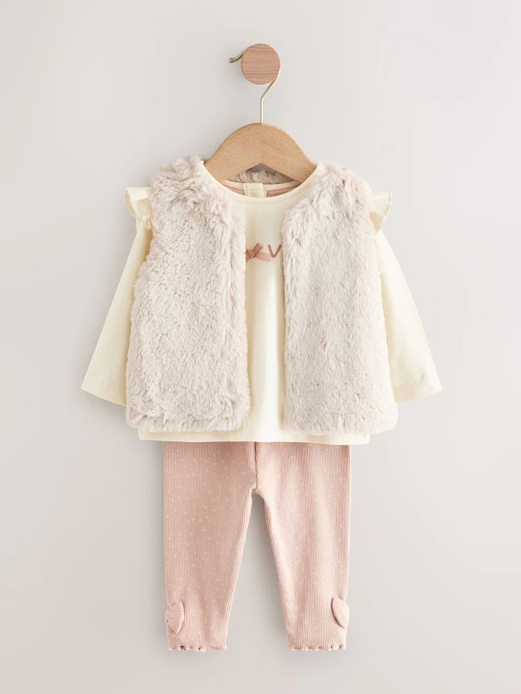 |BabyGirl| Conjunto De 3 Peças De Colete, Blusa e Leggings De Pele Rosa/Creme Para Bebê (0 meses a 2 anos)